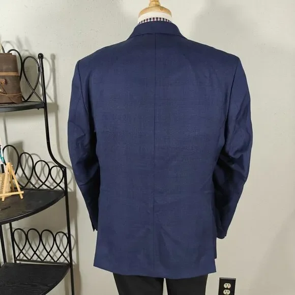 Perry Ellis Men's Sport Coat Blazer‎ Two Button Navy Blue Wool Poly Slim Fit 46L